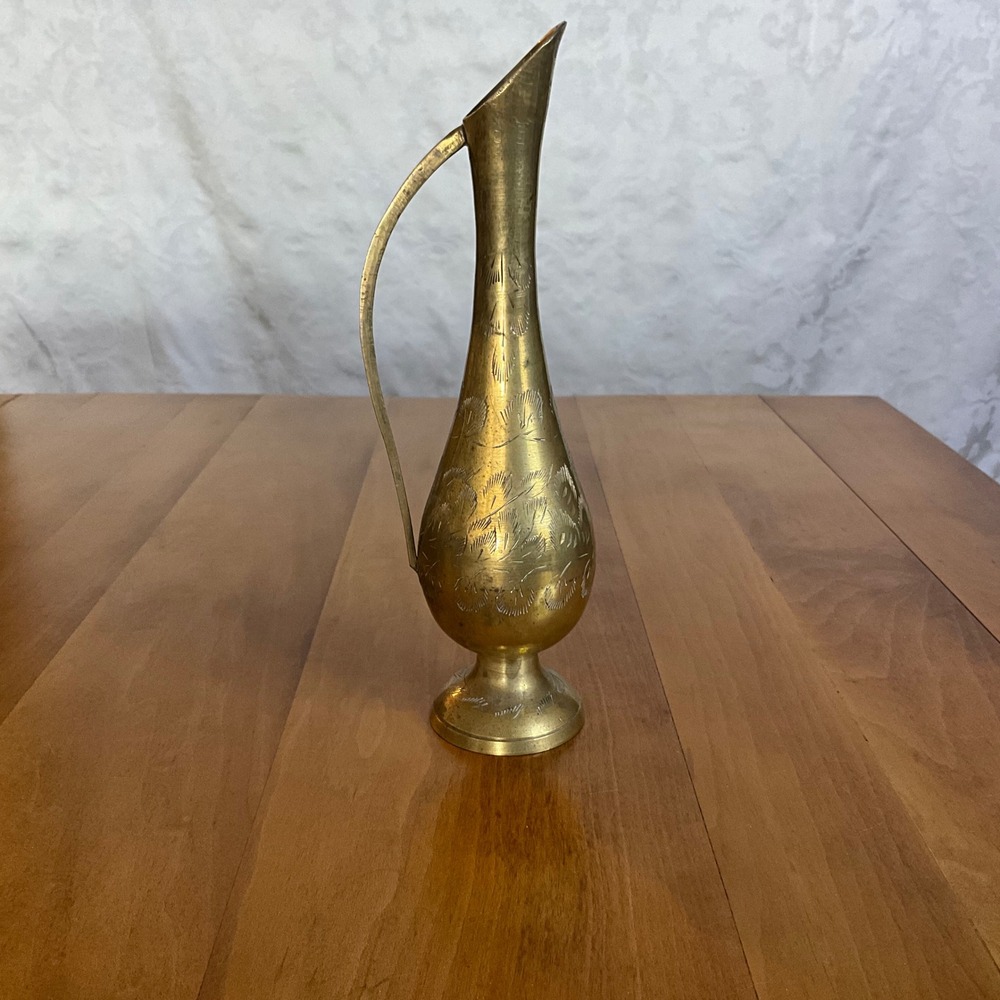 Vintage Etched Brass Bud Vase Floral Design Elegant Spout‎ Handle Numbered